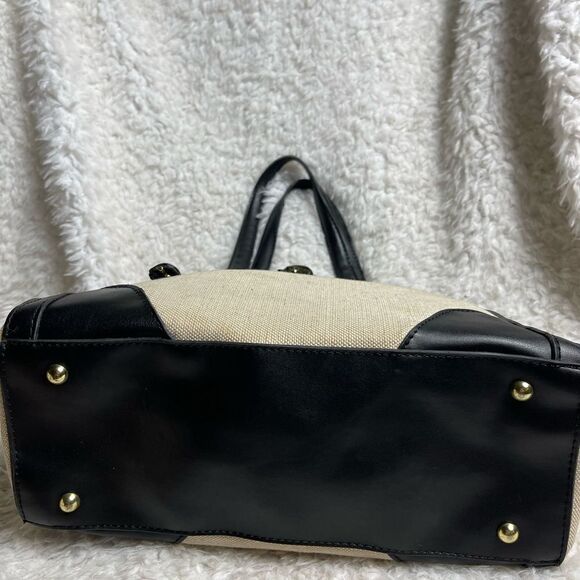 London Fog Beige Canvas shoulder bag with black faux leather straps & trims - Picture 5 of 14